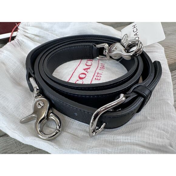 NWT Vintage COACH BLACK Leather Replacement Strap POLISHED SILVER w/ Box - Picture 1 of 9